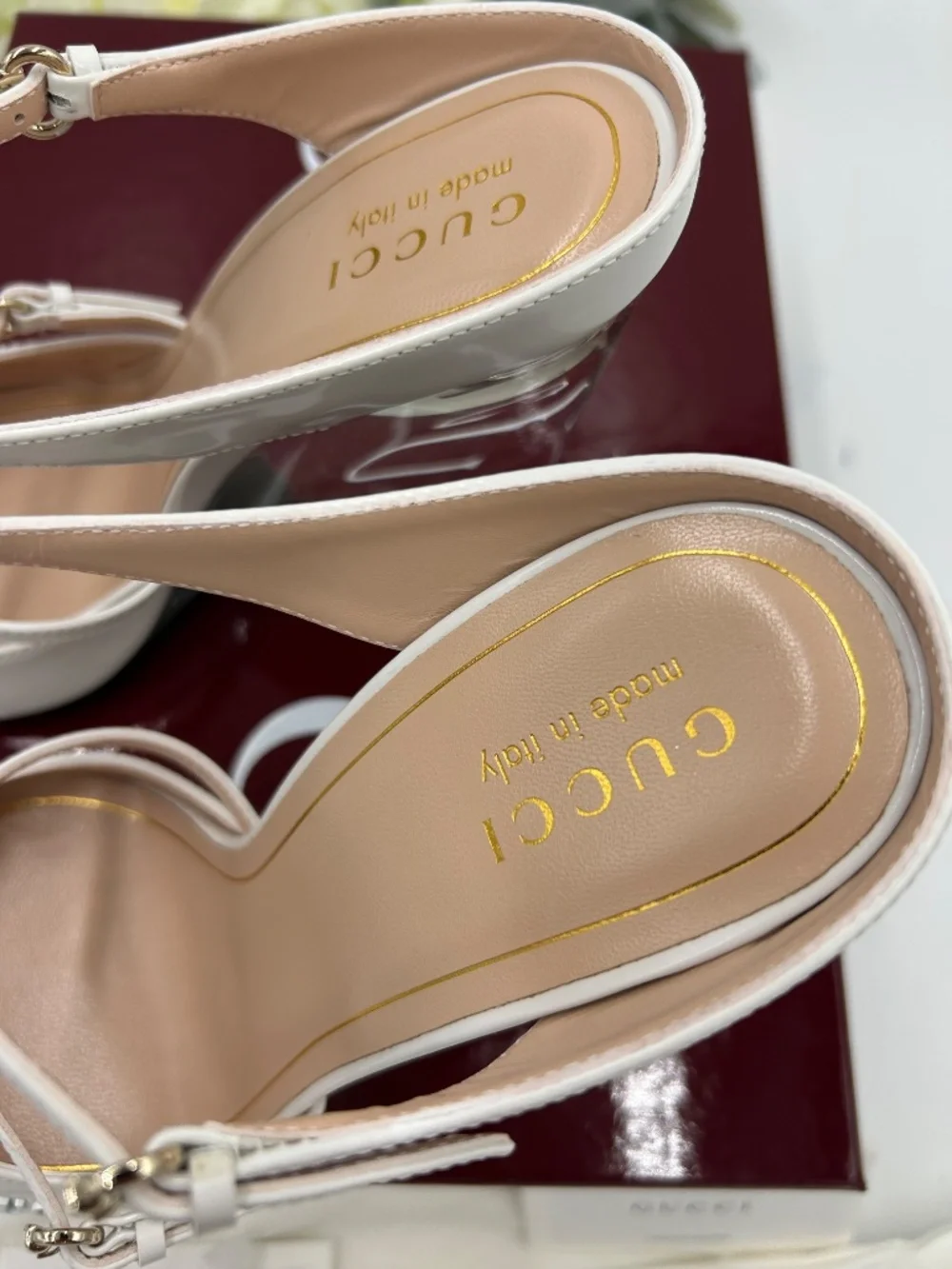 Women’s Gucci Christy Regent White Patent Leather Wedge Mules. Size 9.